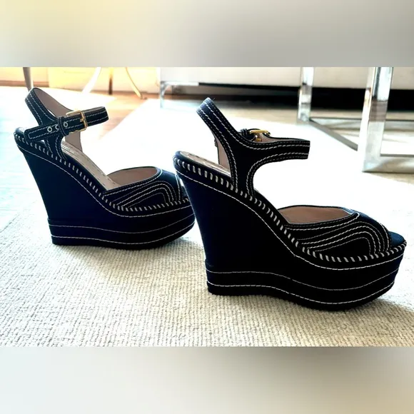 MIU MIU Navy Blue Wedge Sandals with Strap