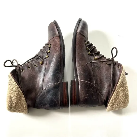 Miz Mooz Brown Genuine Leather Lace Up Fur Collar Foldover Combat Hiro Boots