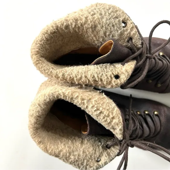 Miz Mooz Brown Genuine Leather Lace Up Fur Collar Foldover Combat Hiro Boots