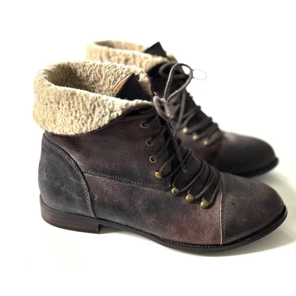 Miz Mooz Brown Genuine Leather Lace Up Fur Collar Foldover Combat Hiro Boots