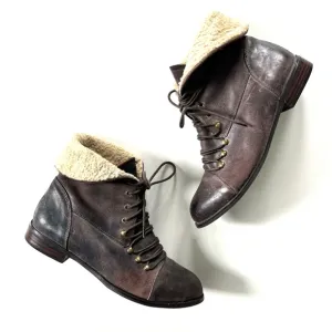 Miz Mooz Brown Genuine Leather Lace Up Fur Collar Foldover Combat Hiro Boots