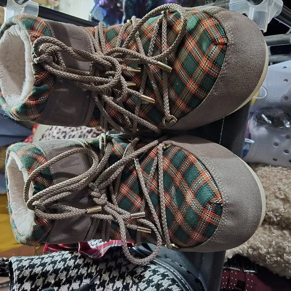 Moon Boot Ankle Boots in Brown and Green Plaid