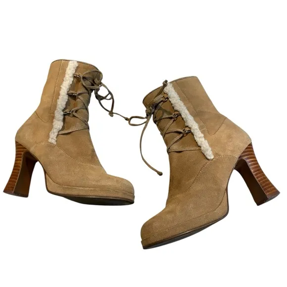 Mudd Y2K Jarmon Suede and Faux Fur High Ankle Boots Funky Heel, Sz 6