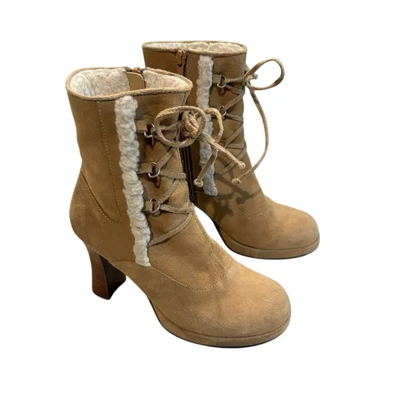 Mudd Y2K Jarmon Suede and Faux Fur High Ankle Boots Funky Heel, Sz 6