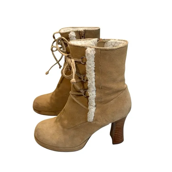 Mudd Y2K Jarmon Suede and Faux Fur High Ankle Boots Funky Heel, Sz 6