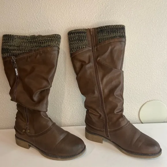 Muk Luks~Faux Leather &amp; Fur~Slouchy Fold Over   Boots~Upper Knit Detail~Size 9