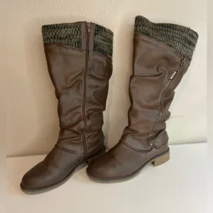Muk Luks~Faux Leather &amp; Fur~Slouchy Fold Over   Boots~Upper Knit Detail~Size 9