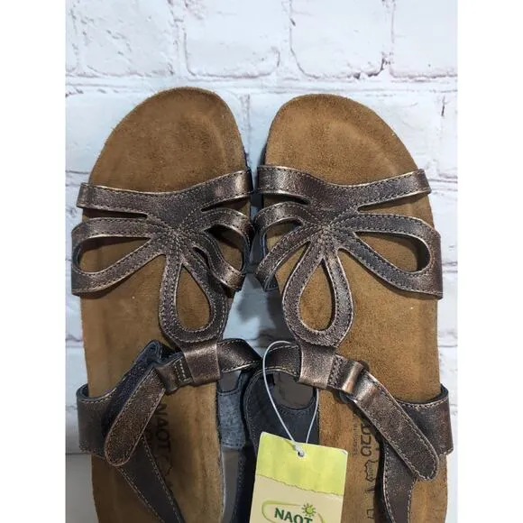 Naot Rachel Antique Gold Bronze Metallic Leather Wedge Sandals Womens 38 7 NWT