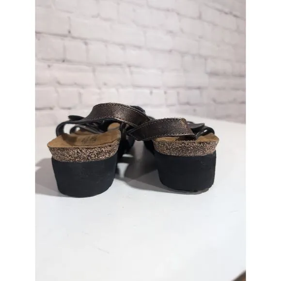 Naot Rachel Antique Gold Bronze Metallic Leather Wedge Sandals Womens 38 7 NWT