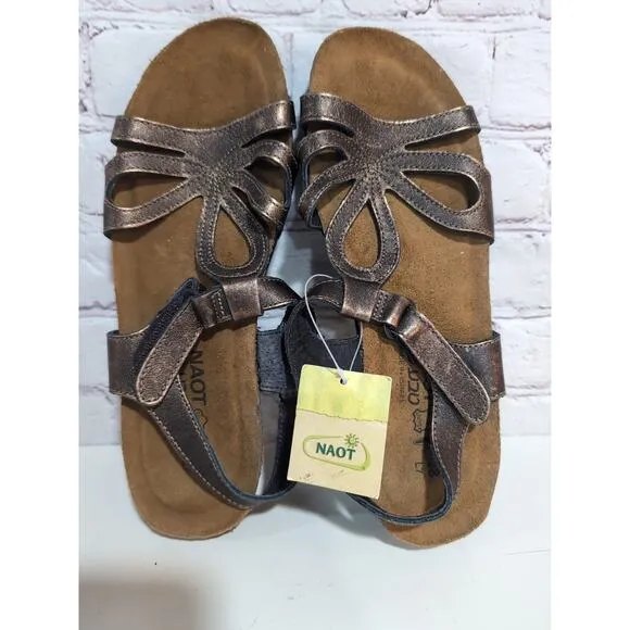 Naot Rachel Antique Gold Bronze Metallic Leather Wedge Sandals Womens 38 7 NWT