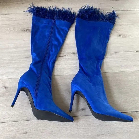 Nasty Gal Faux Suede Feather Trim Knee High Boots Blue Heels New in Box