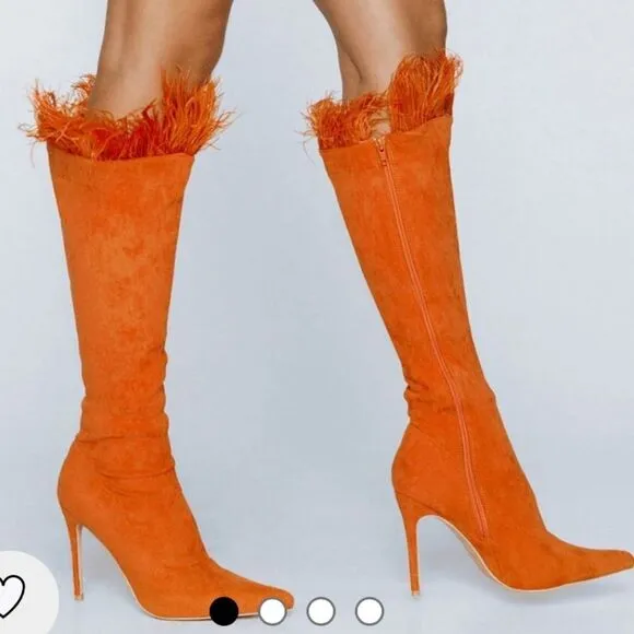 Nasty Gal Faux Suede Feather Trim Knee High Boots Blue Heels New in Box