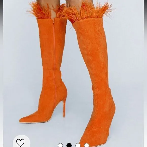 Nasty Gal Faux Suede Feather Trim Knee High Boots Blue Heels New in Box