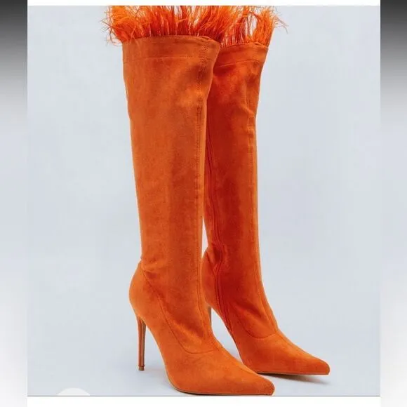 Nasty Gal Faux Suede Feather Trim Knee High Boots Blue Heels New in Box