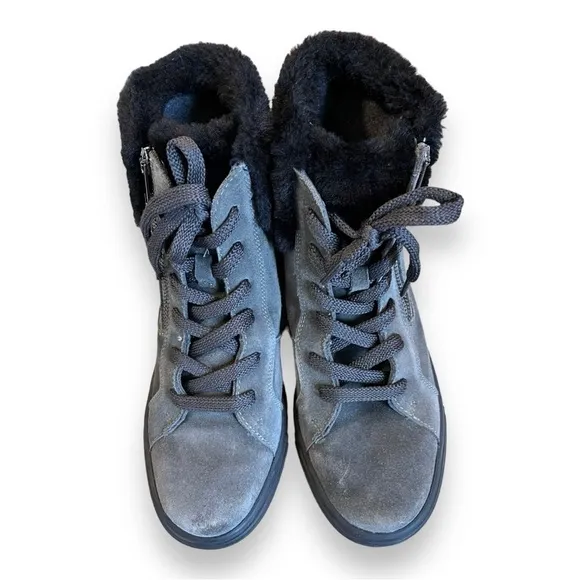 NATURALIZER Gray Lace Up Fur Trim Baker Zip-Up Suede Leather Sneaker Boots