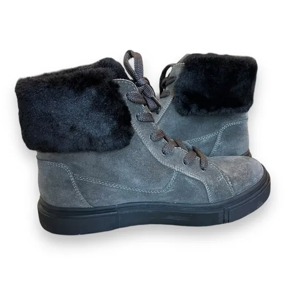 NATURALIZER Gray Lace Up Fur Trim Baker Zip-Up Suede Leather Sneaker Boots