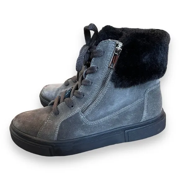 NATURALIZER Gray Lace Up Fur Trim Baker Zip-Up Suede Leather Sneaker Boots