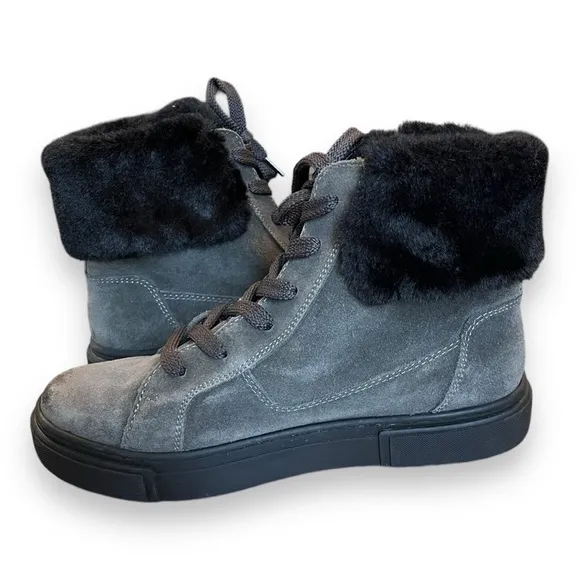 NATURALIZER Gray Lace Up Fur Trim Baker Zip-Up Suede Leather Sneaker Boots