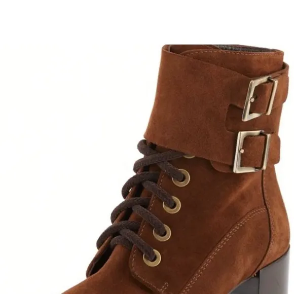 NEW AQUATALIA 6 IRENE Chestnut Brown Suede Lace-Up Buckle Platform Ankle Boots