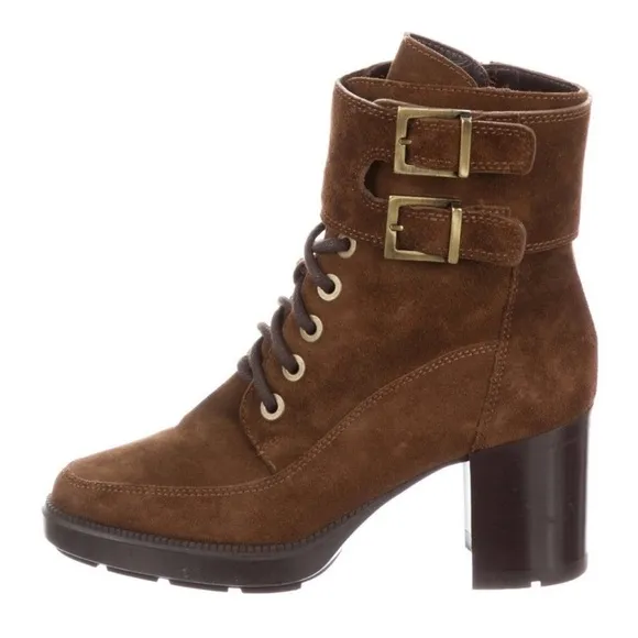 NEW AQUATALIA 6 IRENE Chestnut Brown Suede Lace-Up Buckle Platform Ankle Boots