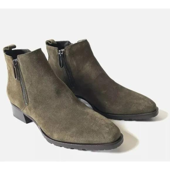 NEW Aquatalia 6.5 Fantina Dual Zip Boots Ankle Booties Olive Green Suede