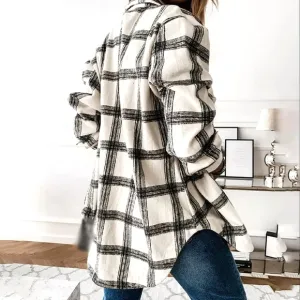 New Boho Chic Oversized Plaid Flannel Button Up Shacket Jacket Shirt Black White