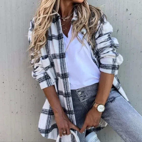 New Boho Chic Oversized Plaid Flannel Button Up Shacket Jacket Shirt Black White