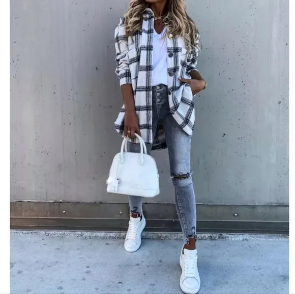 New Boho Chic Oversized Plaid Flannel Button Up Shacket Jacket Shirt Black White