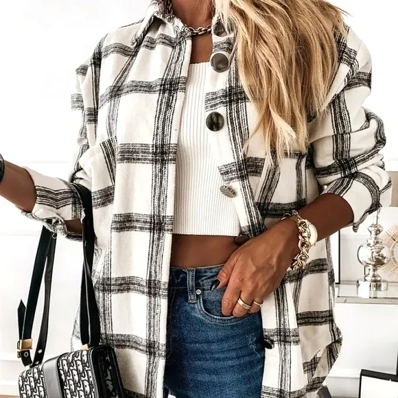 New Boho Chic Oversized Plaid Flannel Button Up Shacket Jacket Shirt Black White