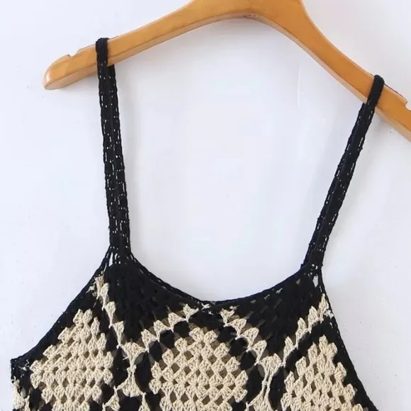 New Boho Crochet Knit Maxi Slip Dress Cover Up Granny Square Sheer Black Tan