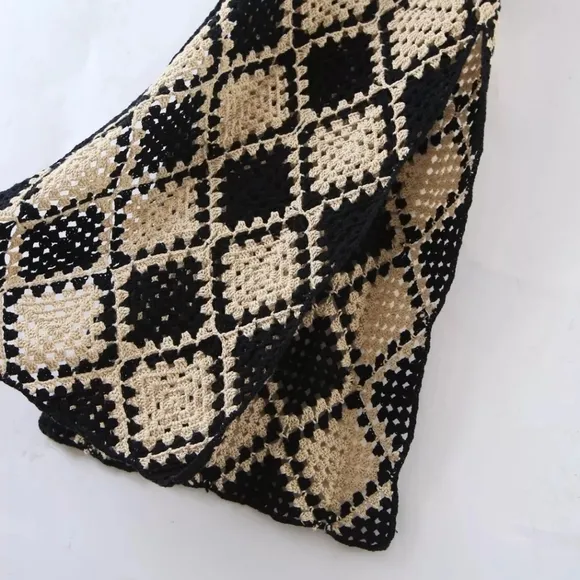 New Boho Crochet Knit Maxi Slip Dress Cover Up Granny Square Sheer Black Tan