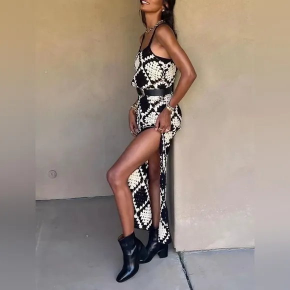 New Boho Crochet Knit Maxi Slip Dress Cover Up Granny Square Sheer Black Tan