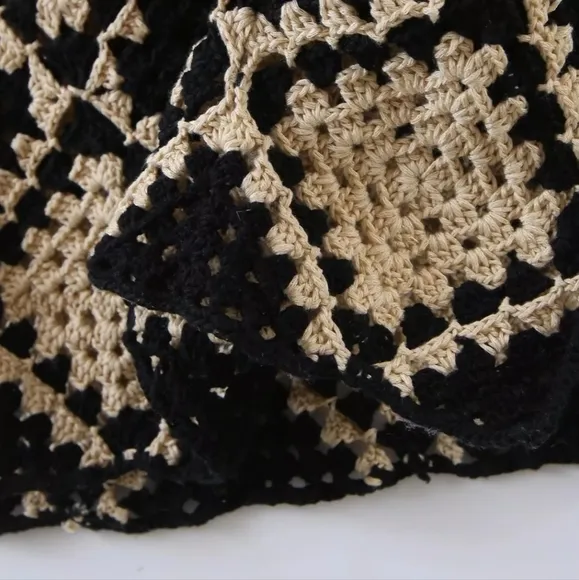 New Boho Crochet Knit Maxi Slip Dress Cover Up Granny Square Sheer Black Tan