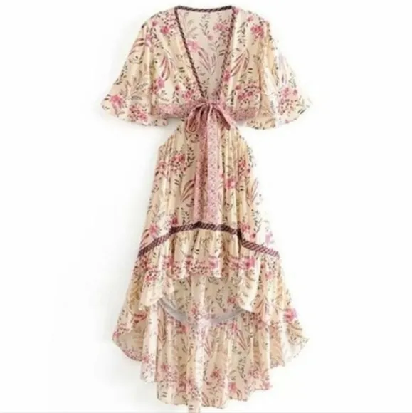 New Boho Cutout Summer Floral Maisie Bambi Beach Dress Cream Pink Purple
