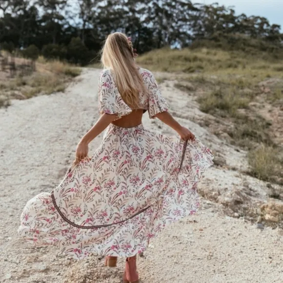 New Boho Cutout Summer Floral Maisie Bambi Beach Dress Cream Pink Purple