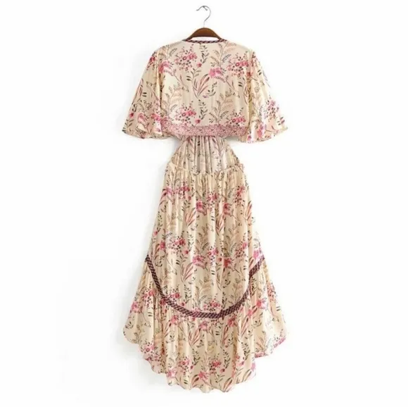 New Boho Cutout Summer Floral Maisie Bambi Beach Dress Cream Pink Purple