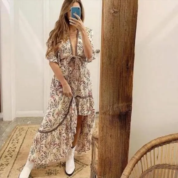 New Boho Cutout Summer Floral Maisie Bambi Beach Dress Cream Pink Purple