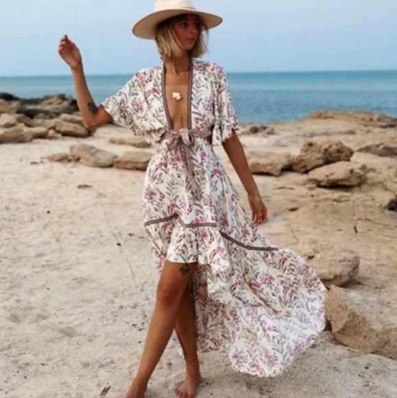 New Boho Cutout Summer Floral Maisie Bambi Beach Dress Cream Pink Purple
