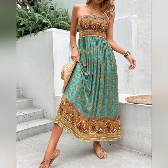 NEW Boho Floral Print Smocked Tube Top Dress Teal Blue Green Yellow Tan