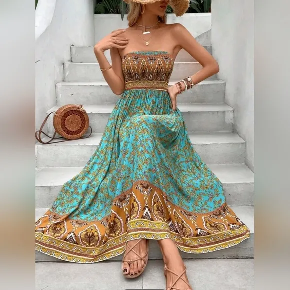 NEW Boho Floral Print Smocked Tube Top Dress Teal Blue Green Yellow Tan