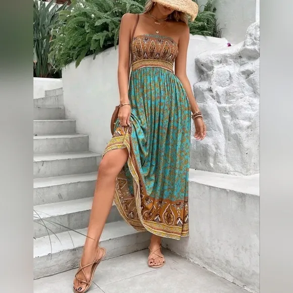 NEW Boho Floral Print Smocked Tube Top Dress Teal Blue Green Yellow Tan