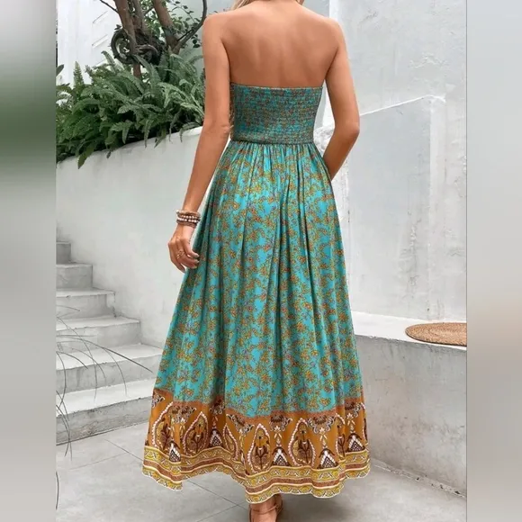 NEW Boho Floral Print Smocked Tube Top Dress Teal Blue Green Yellow Tan