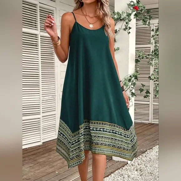New Boho Tribal Print Cami Slip Dress Green White