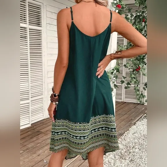 New Boho Tribal Print Cami Slip Dress Green White