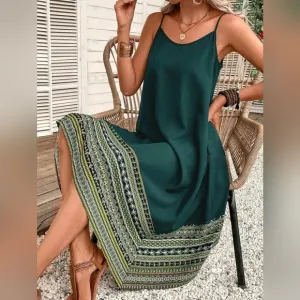 New Boho Tribal Print Cami Slip Dress Green White
