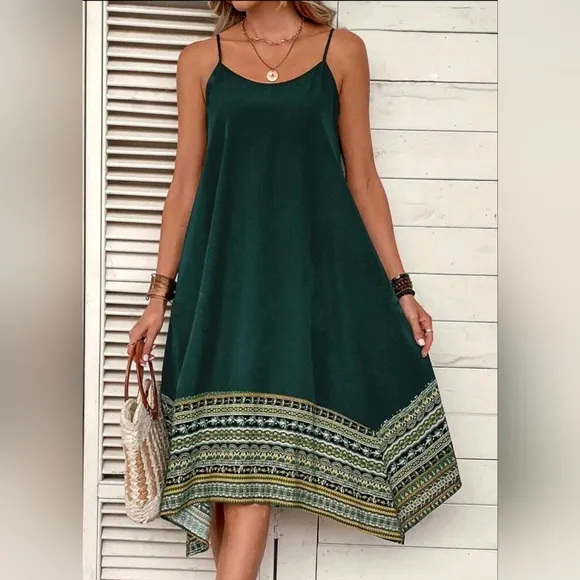New Boho Tribal Print Cami Slip Dress Green White