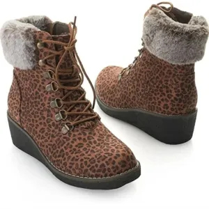 New! Corkys Fox Bay Leopard Ankle Lace Up Wedge Fur Boots 10
