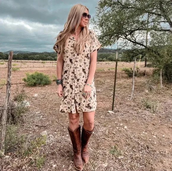 New! Cowboy Rodeo Western Print Button Down Short Sleeve Dress