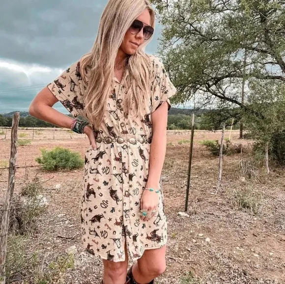 New! Cowboy Rodeo Western Print Button Down Short Sleeve Dress