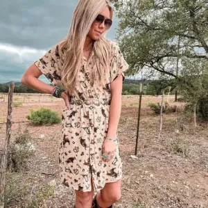 New! Cowboy Rodeo Western Print Button Down Short Sleeve Dress